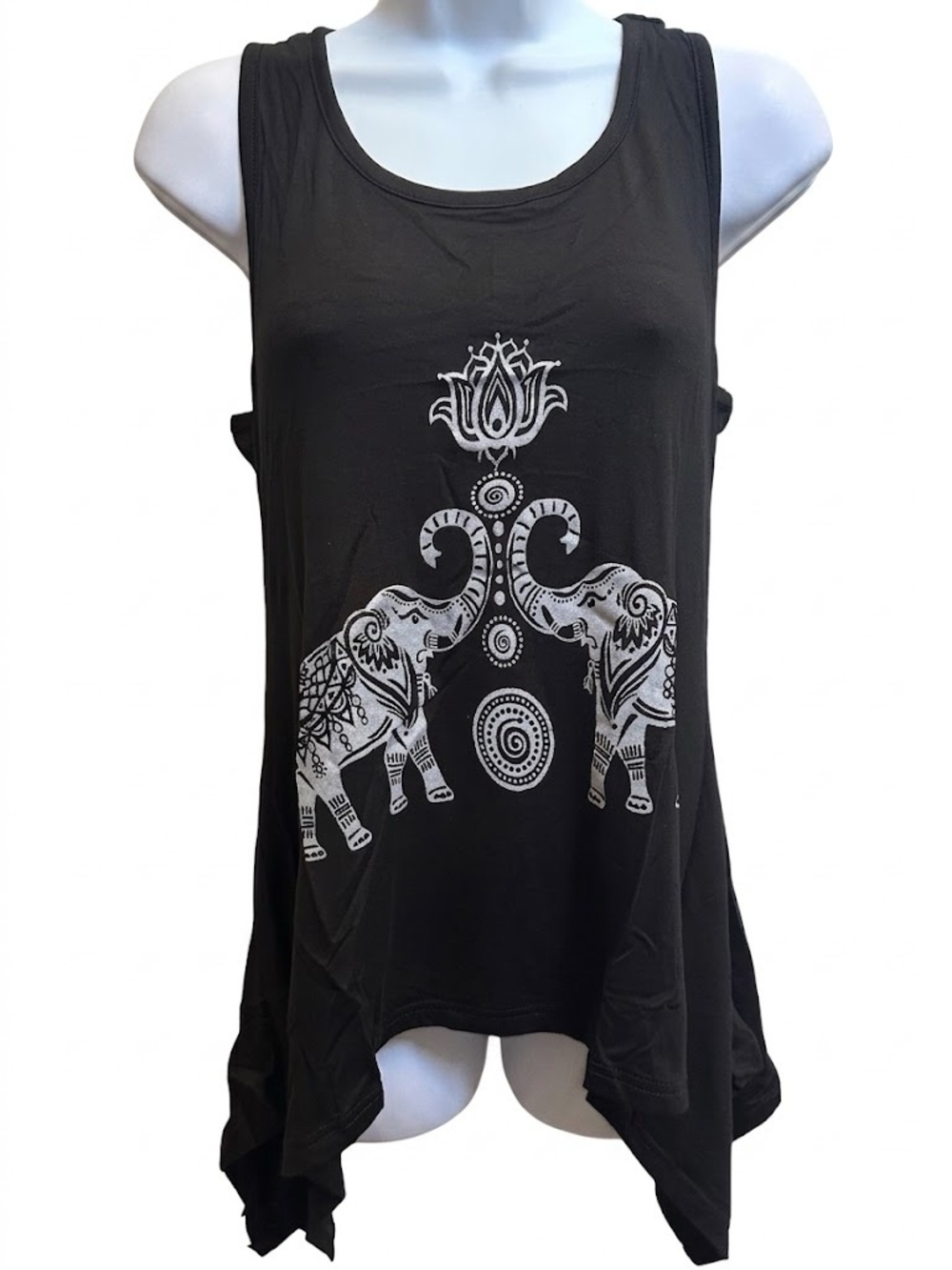 Black Elephant Print Sleeveless Asymmetrical Tank Top